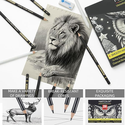 MARTCOLOR Drawing Sketching Pencil Set, 26 Pieces, Graphite Pencils (14B-4H), Charcoal Pencils, Charcoal Sticks, Blending Stump, Eraser, Sharpeners, Artist Pencils for Beginners & Pro Artists
