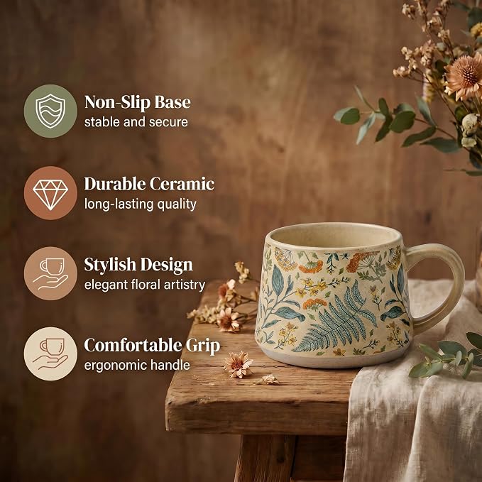 Ceramic Coffee Mug, 13oz Floral Design Pottery cute mugs, Ideal Gift for Women unique vintage pretty coffee mugs (Summer Whisper)