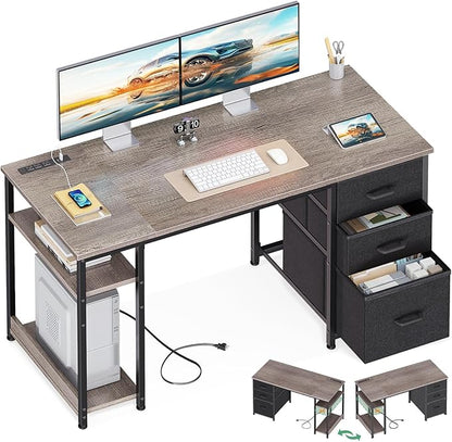 AODK 51 Inch Computer Desk with Drawers & USB Power Outlets | Reversible Home Office Desk with Storage Shelves, Work from Home, Modern Work/Writing/Study Table for Bedroom, Grey Oak