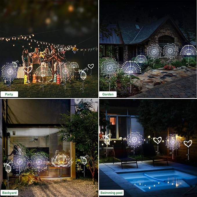Solar Garden Lights Outdoor Waterproof, 2 Pack 120 LED Solar Firework Lights Decorative Garden Décor Outside for Flowerbed Pathway Party Christmas Decoration, White