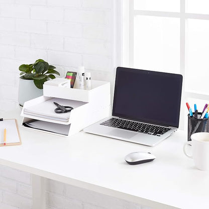 Amazon Basics Rectangular Plastic Desk Organizer Bundle, 3 Pieces Letter Tray and Accessory Tray for Office Supplies, Document Organization, Workspace Storage, 10 x 13.4 inches, White