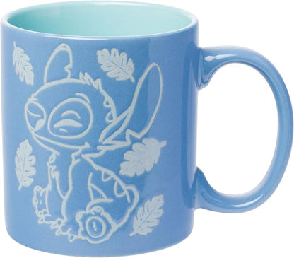 Silver Buffalo Disney Lilo and Stitch, Wax Resist Ceramic Pottery Mug, 20oz | Sitting Tropical Leaves, Cute But Cheeky, Etched Engraved, 0.59 Liters
