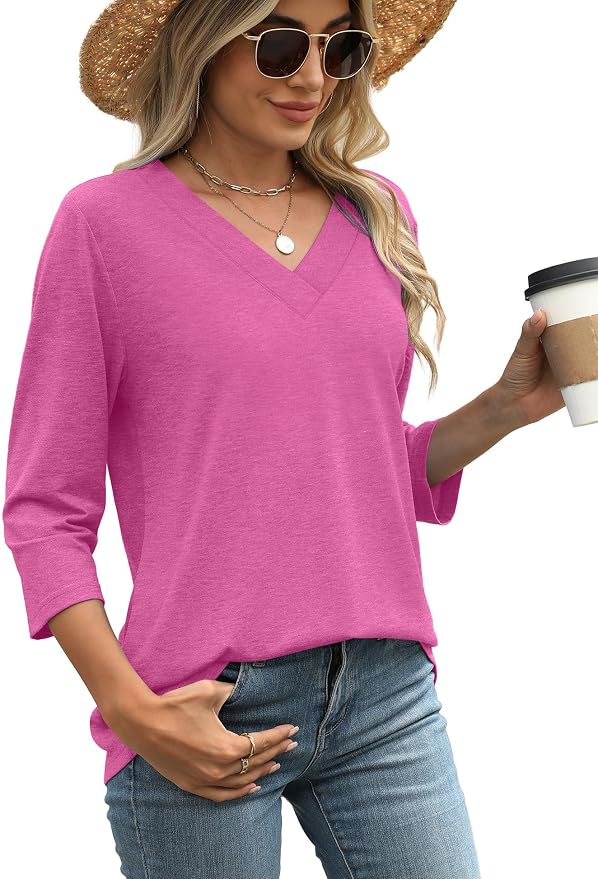 WIHOLL Womens Tops 3/4 Length Sleeve V Neck Casual Tunic Tops Basic Shirts Loose Fit Blouse