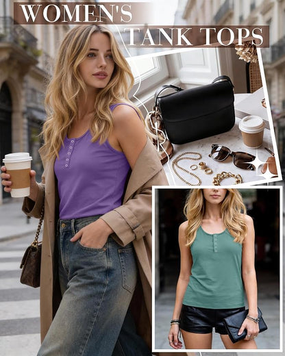 Ficerd 3 Pack Women's Henley Tank Tops Sleeveless Button Down Summer Shirts 2026 Casual Trendy Loose U Neck Tee Blouses