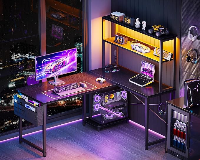 ODK 43" L Shaped Gaming Desk with Shelves, LED & Outlets, Black | Reversible L-shape. LED gaming lights & USB. Headset hook & storage bag. Fits dorms, small bedrooms & compact apartments.