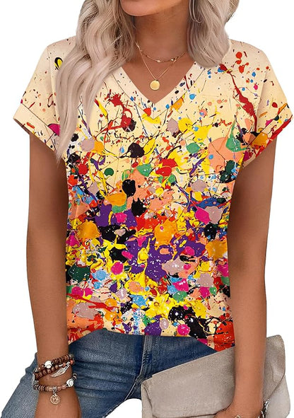 Rapbin Womens Summer Tops Women Blouses Dressy Casual V Neck T Shirts Short Sleeve Spring Tops for Women