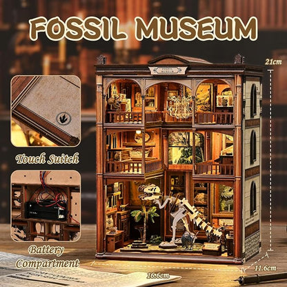DIY Book Nook,with LED Light Bookshelf Decor, DIY 3D Wooden Dollhouse Puzzle, Craft Kit for Adults (Fossil Museum)