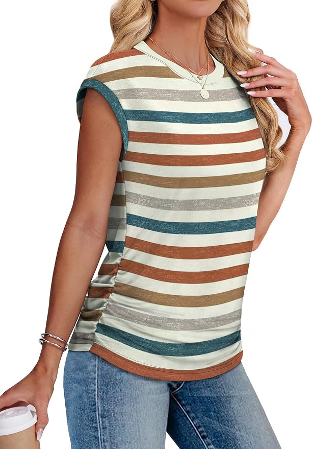 Sampeel Womens Summer Tops Trendy 2026 Ruched Cap Short Sleeve Tshirts Shirts Crew Neck T Shirts Fashion