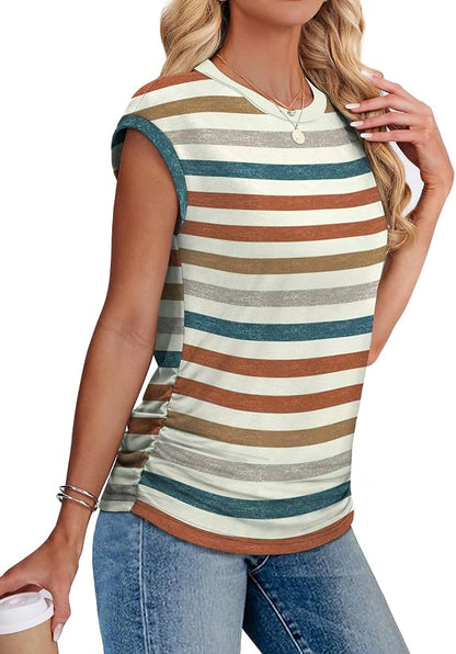 Sampeel Womens Summer Tops Trendy 2026 Ruched Cap Short Sleeve Tshirts Shirts Crew Neck T Shirts Fashion