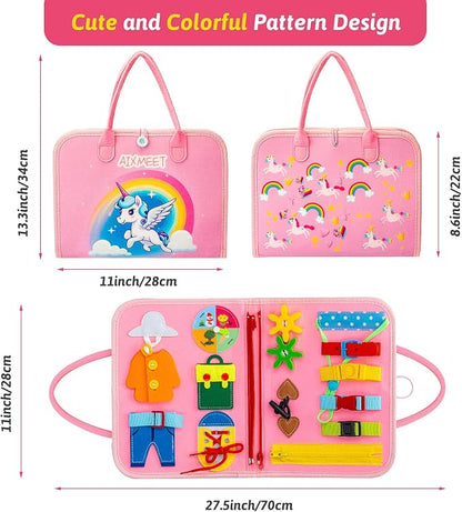 AIXMEET Toddler Busy Board Montessori Toys, Sensory Board Busy Book, Toys for Toddlers 3456 Year Old, Preschool Learning Activities with Life, Shape,Color,Animal,Weather,8 Pages (Pink)