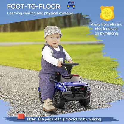 Aosom Kids Push Ride On Car with Working PA System and Horn, Police Truck Style Foot-to-Floor Sliding Car for Boys and Girls with Under-Seat Storage, for 18 Months to 5 Years Old, Blue