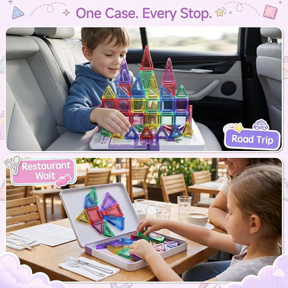 Magnetic Tiles for Kids Travel: 40pcs Portable Mini Building Toy - 30-Sec Iron Case Opens Into 10.6-Inch Play Board - STEM Gift for Toddlers Ages 3-6 - Airplane Road Trip Restaurant