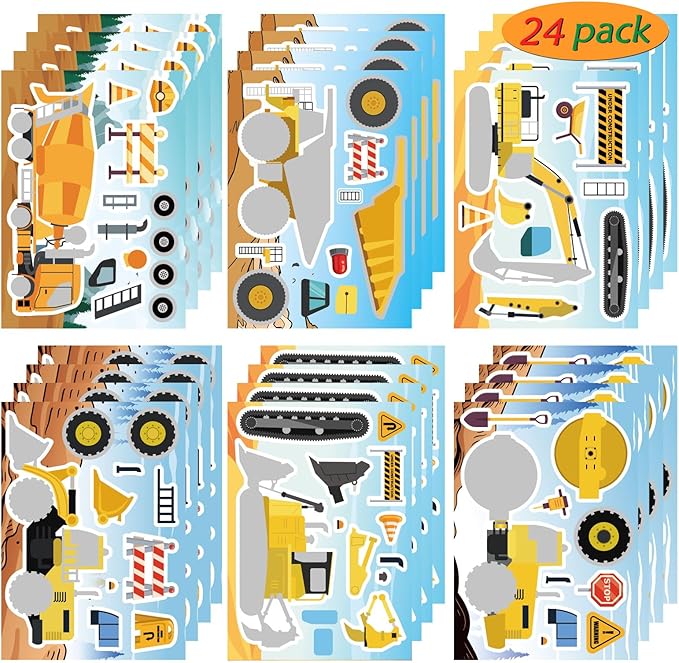 24 Sheets Make Your Own Construction Vehicle Stickers for Kids Boys, Make-a-Face Engineering Vehicles Fire Trucks Excavator for Construction Themed Party Favors