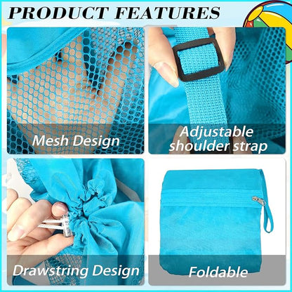 INVODA Mesh Beach Bag Drawstring Beach Backpack Foldable Toy Organizer Bag Shell Adjustable Straps Large Capacity Swim Bag