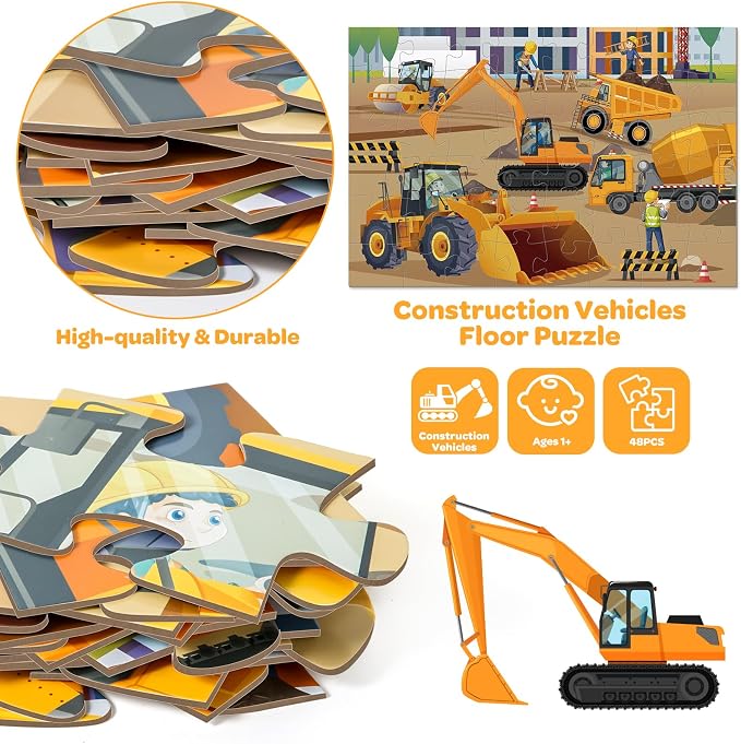 Jumbo Floor Puzzle for Kids Ages 4-6, 48 Piece Large Engineering Vehicles Jigsaw Puzzle, Extra-Thick Cardboard Preschool Learning Toys for Toddlers 3-5, Educational Gift for Boys Girls 3 4 5 6 7 8