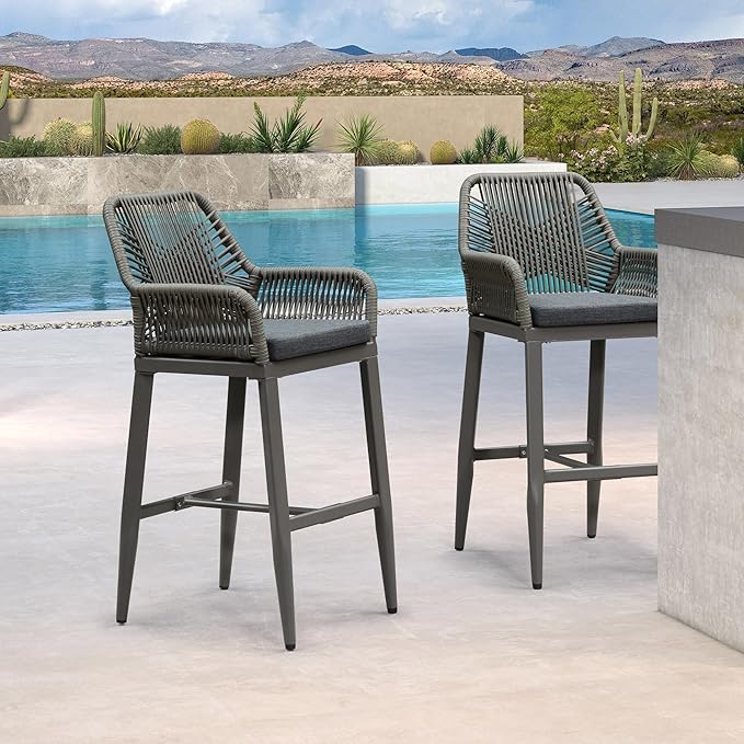 PURPLE LEAF Outdoor Wicker 29" Bar Stools Set of 2, Boho Patio Bar Height Chair with Cushion and Back for Outdoor and Indoor, Garden, Patio, Smoke Grey
