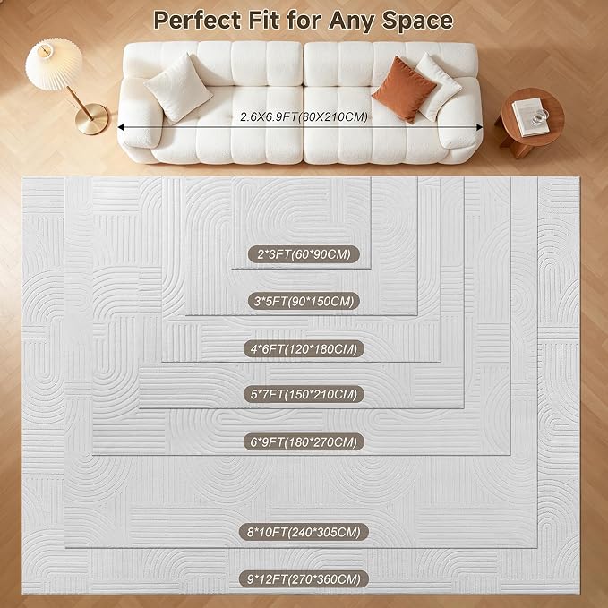 Pauwer 9x12 Washable Area Rugs for Living Room Modern White Solid Color Soft Fluffy Rugs for Bedroom Non Slip Boho Accent Indoor Mat Floor Carpet Cover for Kids Room Dining Room Kitchen Office