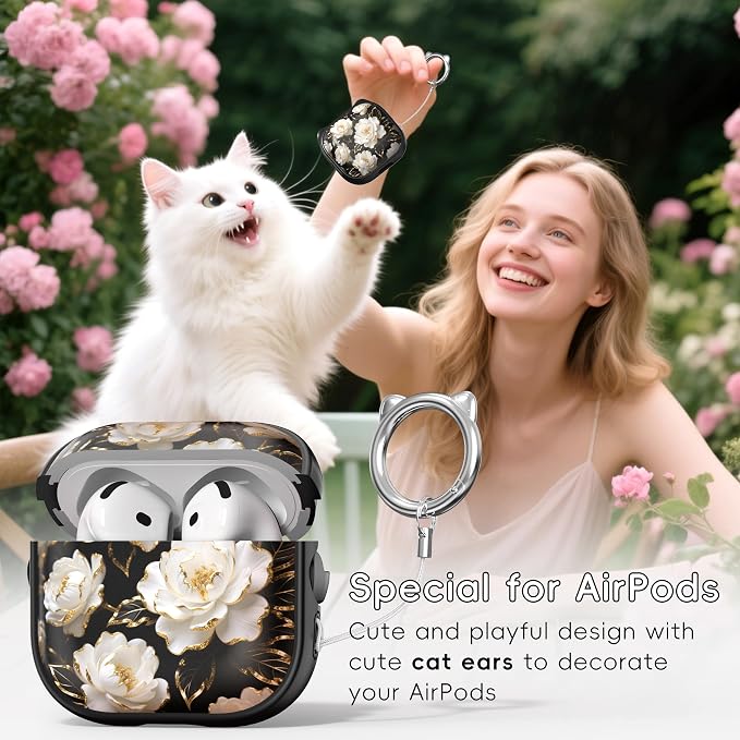 for AirPods 4 Case with Cleaning Kit, Cute Cat Ear Print Design & Cute Buckle, Inverted Phone Holder Design, Top Safe Lock Buckle Design, for Girls AirPods 4 case 2024, Black Peony