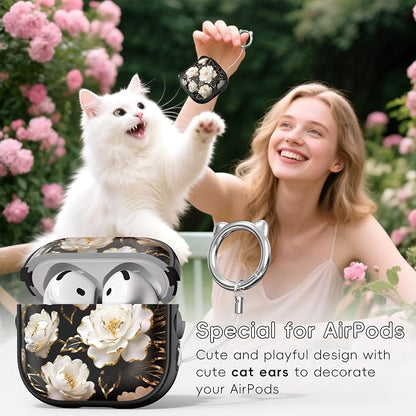 for AirPods 4 Case with Cleaning Kit, Cute Cat Ear Print Design & Cute Buckle, Inverted Phone Holder Design, Top Safe Lock Buckle Design, for Girls AirPods 4 case 2024, Black Peony