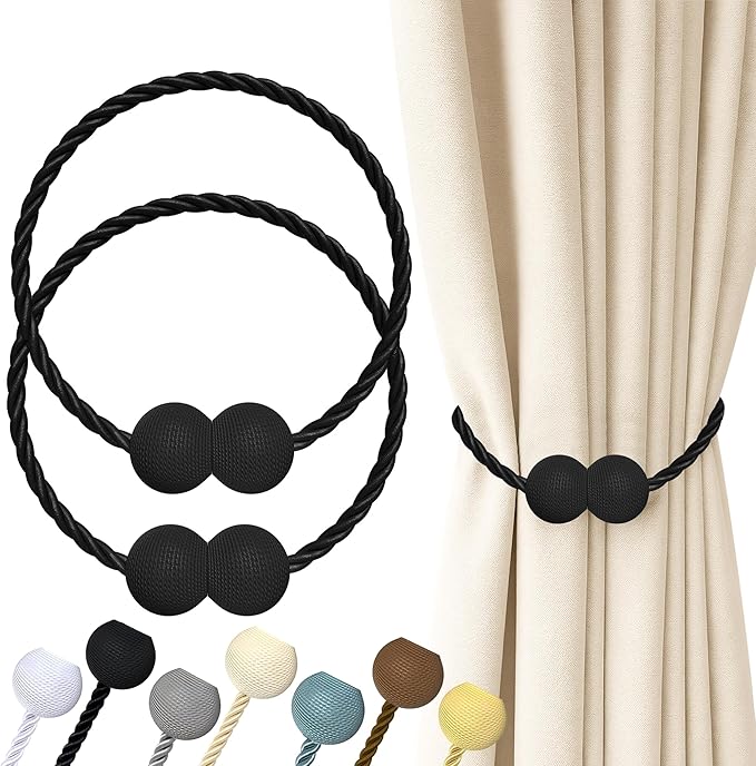 Hion Magnetic Curtain Tiebacks Black 2pcs, Curtain Tiebacks Buckles Holdbacks Holders Hooks Clip for Home Outdoor Bedroom Office Decorative Curtain