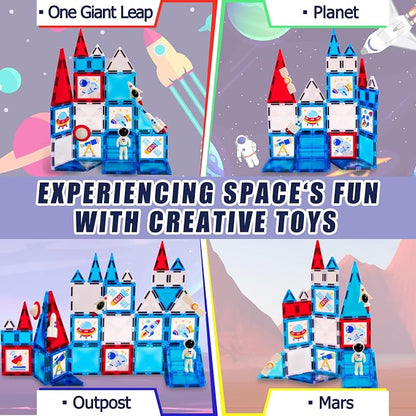 Magnetic Tiles - 58 Pcs Space Magnets Building Blocks Set - Sensory Travel Toys for Toddler - STEM Construction Playboards Stacking Toy - DIY Window Art - Birthday Gifts for Boy, Girl, Kids Ages 3-12