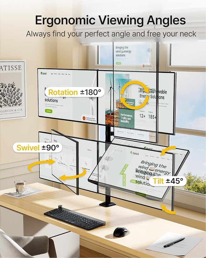 monTEK Quad Monitor Stand for Four 17-32" Screens, 22 lbs Each | Four-screen desk mount, height adjustment, tilt, swivel, rotation, clamp/grommet bases and VESA 75/100