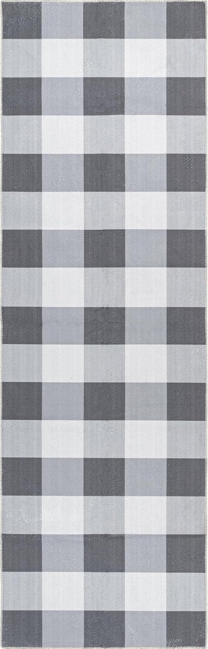 nuLOOM Lucy Machine Washable Farmhouse Buffalo Plaid Ultra Thin Runner Rug, 2' 6" x 10', Grey