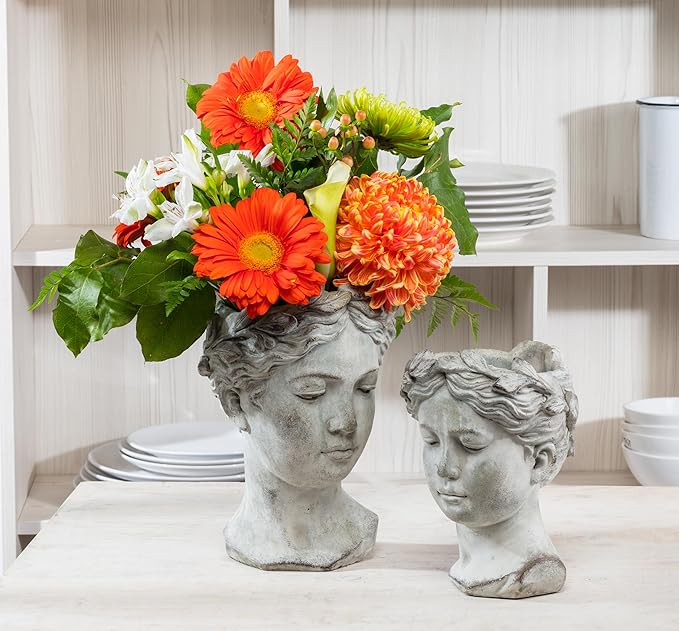 Abbott Collection Goddess Head Planter – Small Cement Indoor and Outdoor Planter Pot – Grecian Woman Statue Head Planter for Flowers and Succulents (Grey, 8.5" Tall, 3.5" Opening)