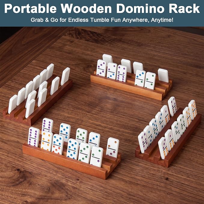 Soulchen Walnut Wood Color Wooden Domino Racks Set of 8, Wood Domino Tiles Trays Holders Organizer for Mexican Train Classic Board Accessories, Dominoes Not Included (7.1 x 2.8 Inch)