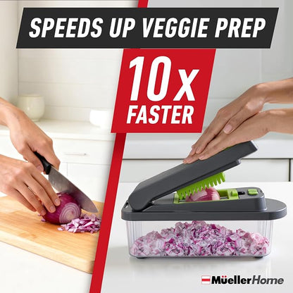 MUELLER HOME Pro-Series 10-in-1 Vegetable Chopper with Container, 8 Blade | Fruit Cutter, Dicer, Tomato Slicer, French Fry Cutter Potato Slicer, Salad Chopper, Gray/Green