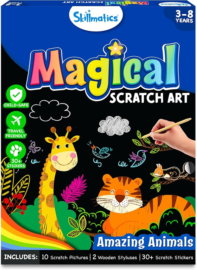 Skillmatics Scratch Art Book for Kids - Animals, Craft Kits & Supplies, 30+ Scratch Stickers, Travel Toys, DIY Kit, Gifts for Boys & Girls Ages 3, 4, 5, 6, 7, 8