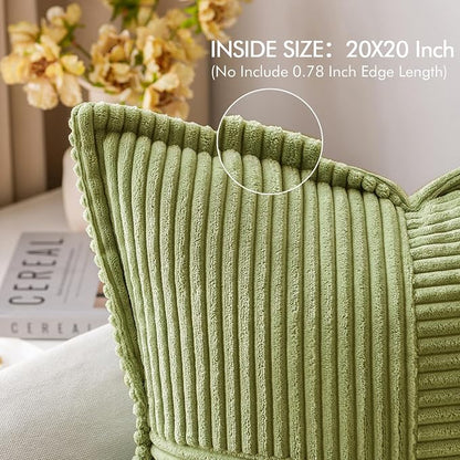 MIULEE Spring Decorative Throw Pillow Covers for Couch Bed Livingroom 20x20 Inch Set of 2 Green Boho Accent Throw Pllows Broadside Striped Patchwork Soft Corduroy Summer Pillowcases