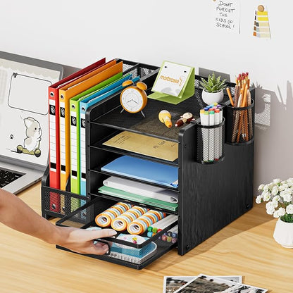 Marbrasse Desk Organizer with File Holder, 5-Tier Paper Letter Tray Organizer with Drawer and 2 Pen Holder, Mesh Desktop Organizer and Storage with Magazine Holder for Office Supplies (Wood-Black)