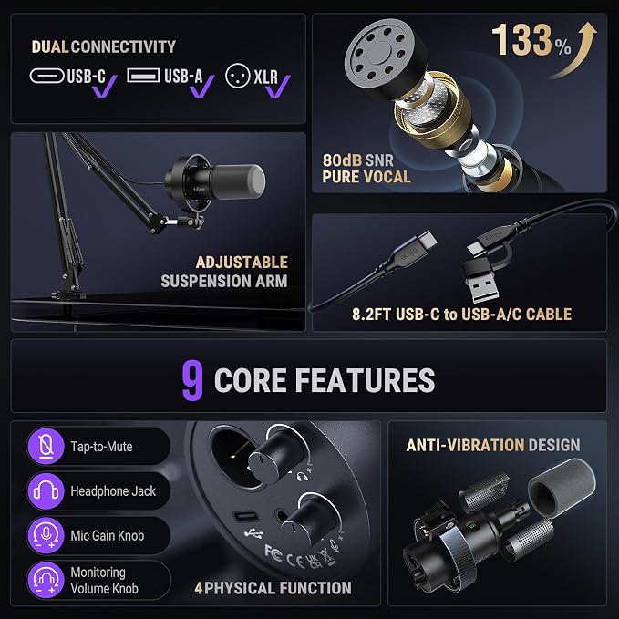 FIFINE AmpliTank K688CT Podcast Microphone Kit, USB/XLR Dynamic Vocal Mic | Streaming Mic with Boom Arm for PC/XLR Mixer, with Mute Button, Headphone Jack, Gain Knob, for Gaming Voice-Over Recording