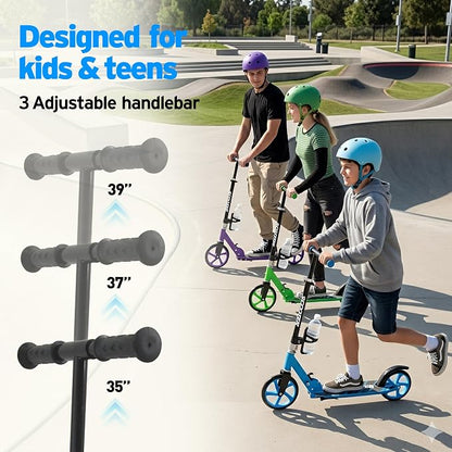 Scooter for Kids Ages 6+, Teens & Adults, Max Load 240 LBS, Foldable Kick Scooter with 8-inch Big Wheels, Kickstand, 3 Adjustable Levels, Rear Brake,