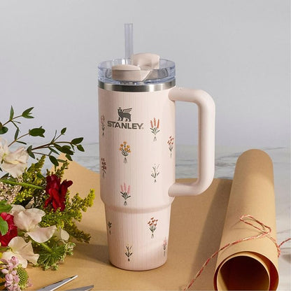 STANLEY Quencher H2.0 Flow State Tumbler, 30 oz, Rose Quartz Bouquets | Handle and Straw | 3-Position Lid | Cup Holder Compatible for Travel | Insulated Stainless Steel Cup | BPA-Free