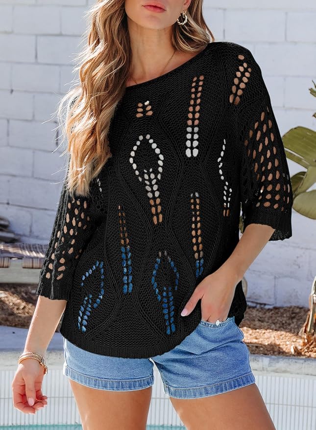 EVALESS Womens Crochet Hollow Out Knit Tops Half Sleeve Spring Summer Sweaters Beach Cover Ups for Women Trendy 2026