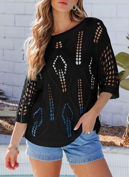 EVALESS Womens Crochet Hollow Out Knit Tops Half Sleeve Spring Summer Sweaters Beach Cover Ups for Women Trendy 2026