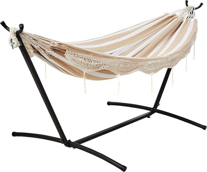 Amazon Basics Double Hammock with 9-Foot Space Saving Steel Stand and Carrying Case, 2 Person, 450 lb Capacity, Beige Stripe with Lace, 110" x 47" x 43"