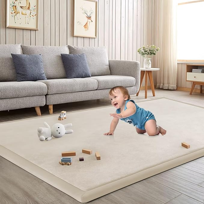 Baby Play Mat for Floor Nursery Rug Muscle Mat Area Rug Playroom Rug 79"x158" Playpen Mat Elastic Foam 1.3" Thick Crawling Mat for Babies,Toddlers, Infants, Kids,A Beige