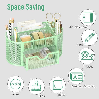 Mesh Desk Organizer with Drawer, 9-Compartment Pen Holder for Desk, Green | Pull-Out Drawer Stores Pens, Pencils, Clips, Notes, and Small Office or School Supplies in One Compact Desk Caddy