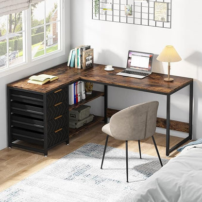 Tribesigns L Shaped Computer Desk with Storage Drawers, 59 inch Corner Desk with Shelves, Reversible L-Shaped Office Desk Study Writing Table Workstation for Home Office, Brown