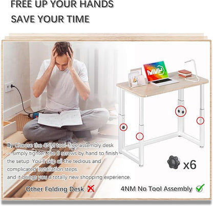 4NM No Tool Assembly 31.5" Small Desk, Folding Portable Desk with Wheels, Adjustable Height Foldable Computer Home Office Desks, Collapsible Study Writing Table for Space Saving Bedroom - Cloud Oak