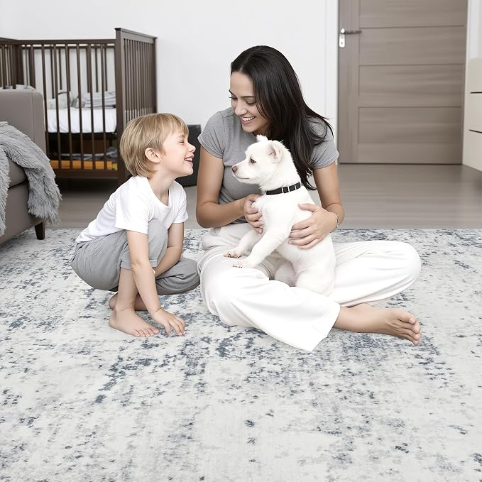 5x8 Area Rug Living Room Rug: Washable Modern Abstract Soft Thin Rug Indoor Floor No Slip Carpet for Bedroom Dining Room Farmhouse Nursery Home Office - Blue Grey