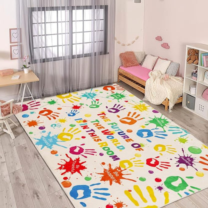 Colorful Kids Rug, Washable Rug for Kids, Handprints Area Rugs for Kids Bedroom, Non-Slip Play Mat Ultra Soft Thick Indoor Plush Rugs for Playroom Classroom Nursery Decor (78.7 X 59 INCH)
