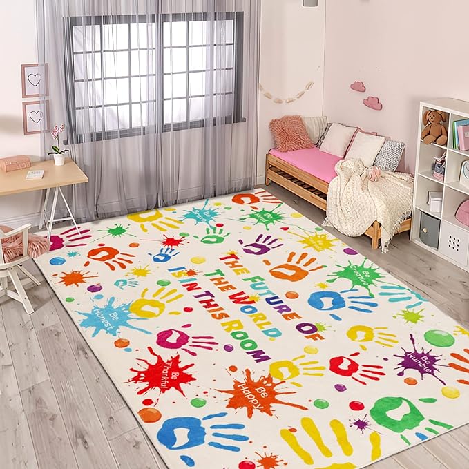 Colorful Kids Rug, Washable Rug for Kids, Handprints Area Rugs for Kids Bedroom, Non-Slip Play Mat Ultra Soft Thick Indoor Plush Rugs for Playroom Classroom Nursery Decor (59 X 39.4 INCH)