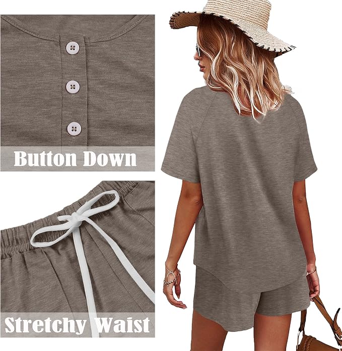 WIHOLL Two Piece Outfits for Women Lounge Sets Button Down Top and Shorts Set Sweatsuits with Pockets