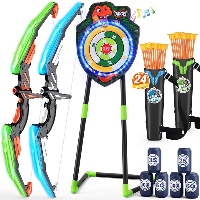 HYES 2 Pack Kids Bow and Arrow, LED Light Up Archery Set with 24 Suction Cup Arrows, Indoor Outdoor Sport Dinosaur Toys Gifts for 3 4 5 6 7 8 9 10 11 12 Year Old Boys Girls