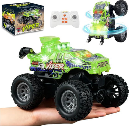 BEZGAR Monster Truck Toys - 2.4GHz 1:64 Remote Control Car with Colorful Lights, 360° Spins, Metal Shell - Remote Control Monster Truck for Boys Girls Age 6, 7, 8, 9, 10 Years Old(Green)