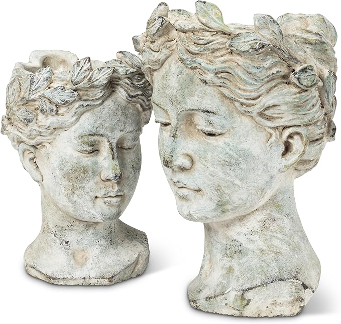 Abbott Collection Goddess Head Planter – Small Cement Indoor and Outdoor Planter Pot – Grecian Woman Statue Head Planter for Flowers and Succulents (Grey, 8.5" Tall, 3.5" Opening)